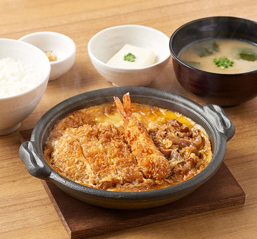 Mixed Katsutoji Set Meal (Pork, Shrimp & Beef Simmered in Egg)